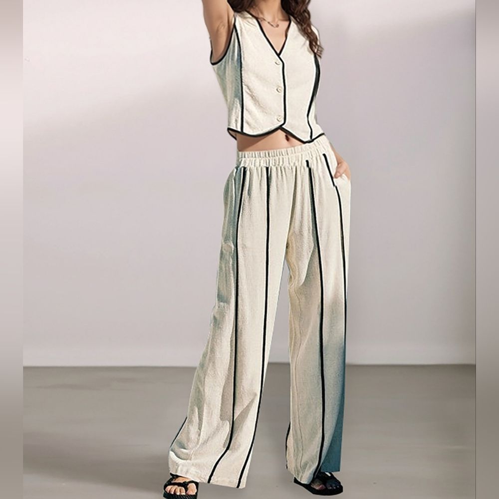 Womens Casual Linen Blend V-Neck Crop Top & Wide-Leg Pants Set Cream Black Trim